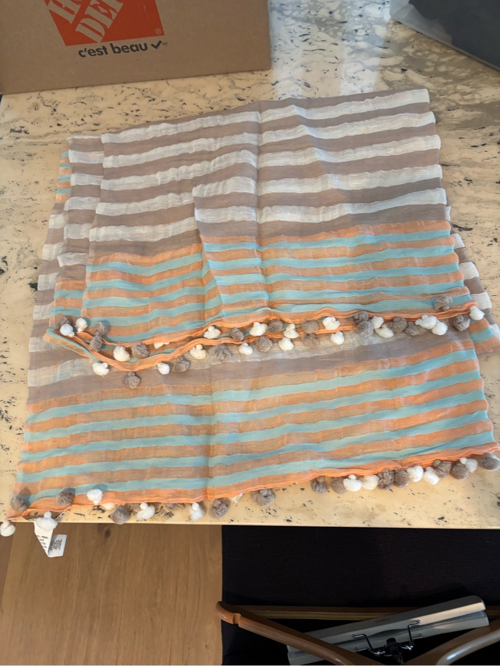 Vitamin A Orange & Aqua Striped Sarong with Pom Trim